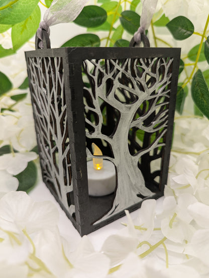 Tree Silhouette LED Lantern – Woodcut Style